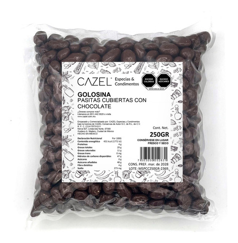 Pasitas Cubiertas con Chocolate 250GR Pasitas Cazel  pasitas con chocolate con chocolate sin gluten bolsa al vacio 250 g