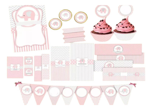 Kit Imprimible Elefantita Rosa Baby Shower Nena Elefante