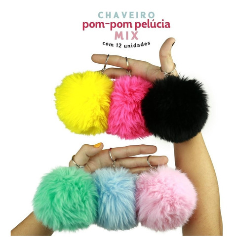 Chaveiro Pompom Pelúcia Mix - 100mm Kit C/12 Unidades - Nybc