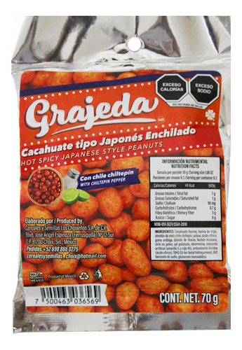 Cacahuate Grajeda Japonés Enchilado Chiltepin70g Pack 24pzas