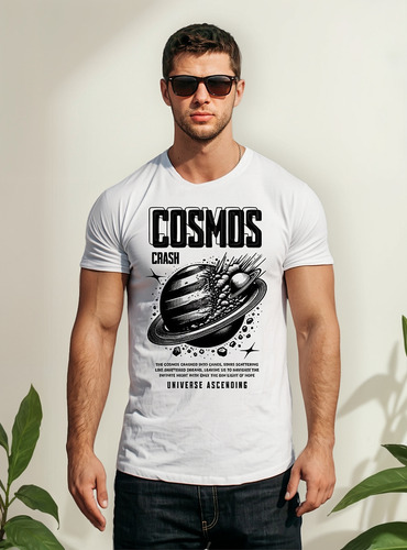Polera Blanca Hombre Algodon Tx Cosmos Crash Bigbang Univers