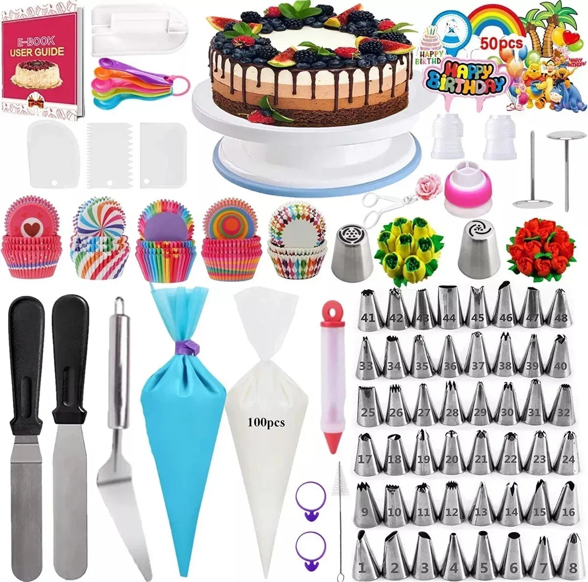 Kit De Decoración De Pasteles Lyndnice Set De Reposteria 322pzs,Con 1 Plato Giratorio, 48 Boquillas Para Manga Pastelera Y Capacillos Para Tartas, Apto Para Principiantes Y Amantes