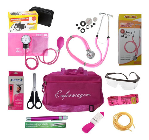 Kit De Enfermagem Rosa Premium Com Medidor De Pressão