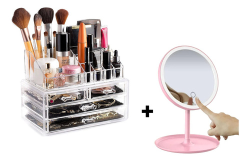 Set Espejo Con Luz Led Maquillaje + Organizador Cosmeticos