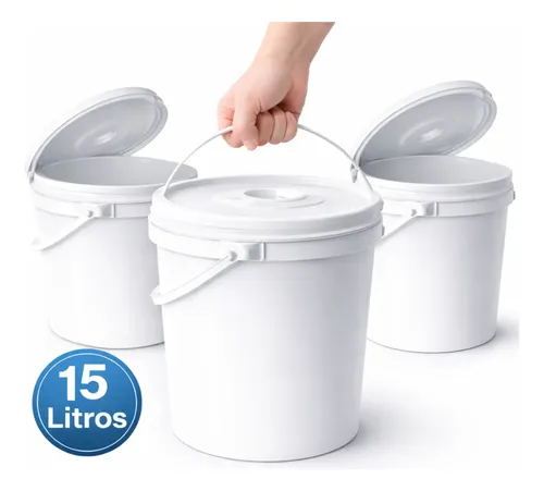 Kit Com 3 Balde Industrial Reforçado 15 Litros Tampa E Lacre Branco