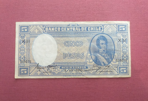 Antiguo Billete Cinco Pesos Medio Condor Serie X 31 Año 1942