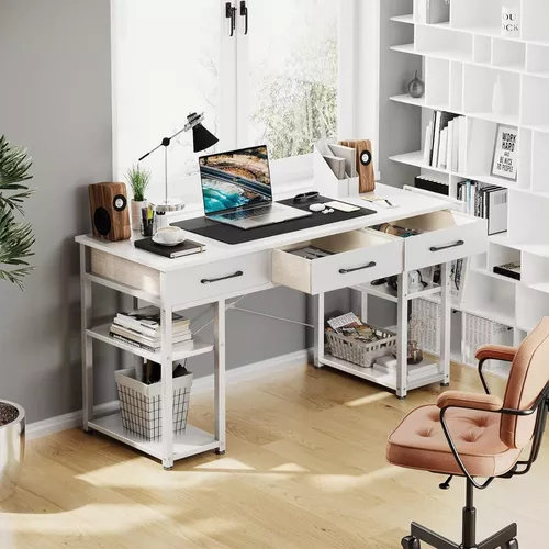 ODK Escritorio pequeño con cajones de tela, para dormitorio, tocador blanco  con almacenamiento, escritorio de computadora de oficina en casa para