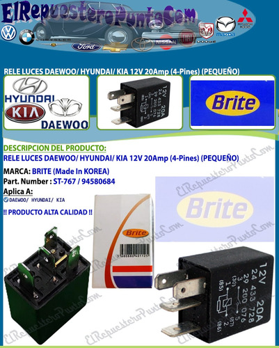 Rele Luces Daewoo Hyundai Kia 12v 20amp 4-pin Pequeño