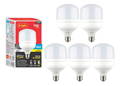 Kit 5 Lâmpada Led Luz Branca 40w Bivolt Alta Potência 6500k