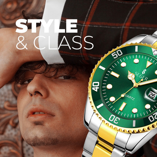 Reloj Mimimalista Elegante Seger 1779 Acero Fecha ! Color De La Malla Plateado/dorado Color Del Bisel Verde