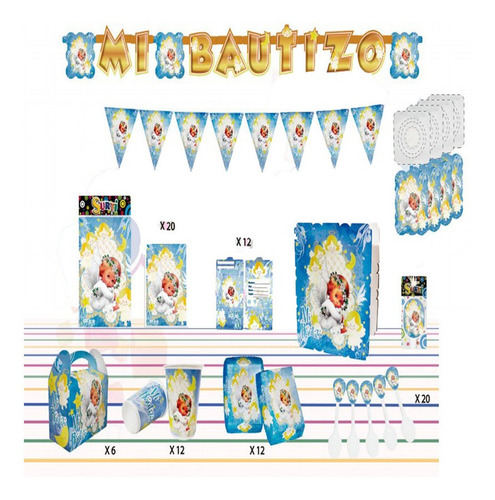 Decoración Infantil Fiesta Bautizo Ángel Azul Set X24