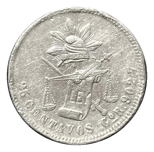 Moneda Original Plata 25 Cent Balanza 1889 Go Guanajuato