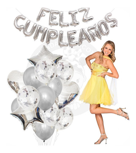 Set Globo Latex Metalizado Platead + Letras Feliz Cumpleaños