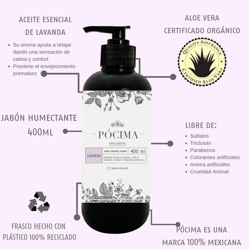 Jabón Líquido Pócima Con Aceite Esencial Lavanda. 400ml