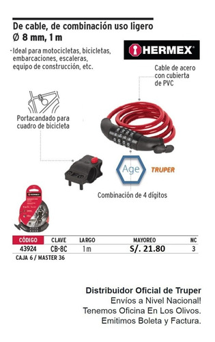 Cadena / Cable Candado Para Bicicletas 8mm X 1m - Cod- 43924