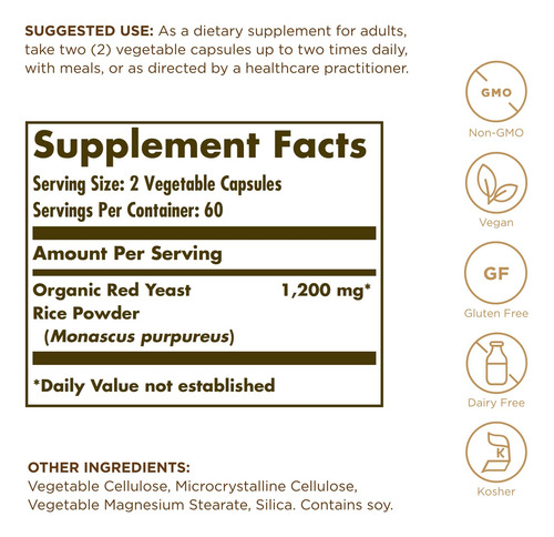 Suplemento Solgar De Levadura Roja De Arroz 600 Mg 120 Cápsu
