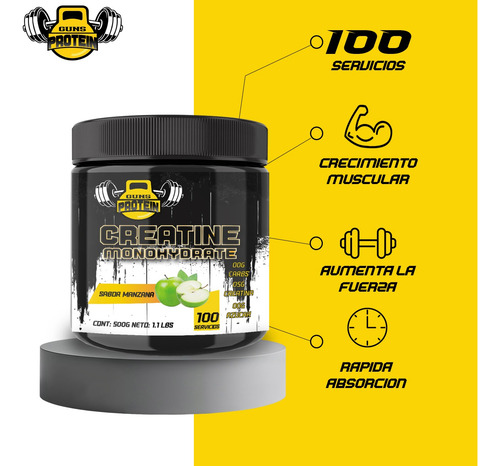 Creatina Monohidratada 500g Guns En Polvo Varios Sabores Pre Manzana