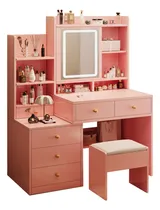 Comprar Tocador De Dormitorio Con Sillas Y Espejo De Led Y 6 Cajones 100*40*145 Cm Tocadores De Madera Con Luces Ambueco Rosa