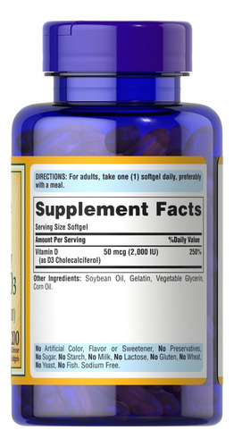 Imagen 2 de 2 de Vitamina D3 2000iu 50mcg Puritan's Pride Usa