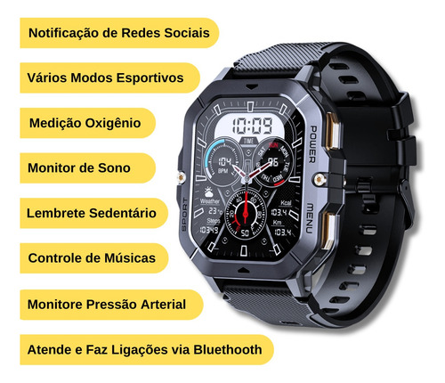 Smartwhatch Carbn New Spárk X Tela 2,02 Chamadas Preto Militar Mesh Preto Cinza-escuro