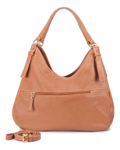Bolsa Feminina Dupla Couro Legítimo Transversal Hobo Caramel Acambamento Dos Ferragens Ouro Cor Caramelo Correia De Ombro Caramelo Desenho Do Tecido Lisa