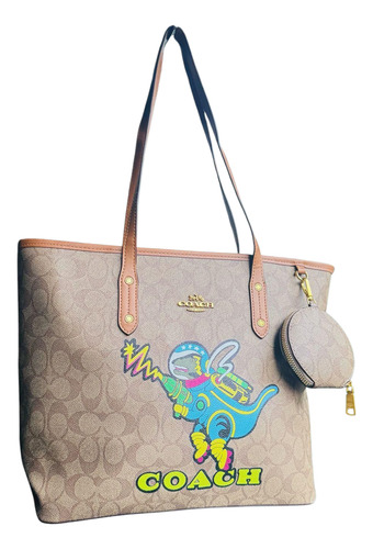 Bolsa De Dama Totebag Con Monedero Caqui Dinosaurio Oro