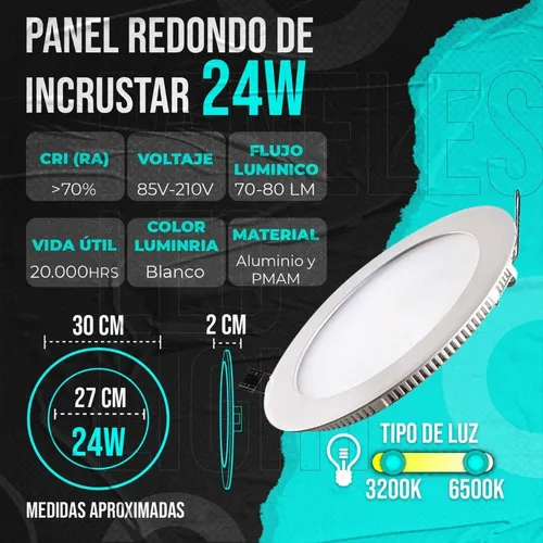 Panel Led Incrustar Redondo 24w Luz Cálida Pack X 8 Unidades