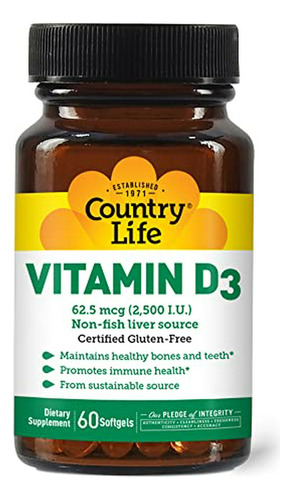 Vitamina D3 Country Life, No Pescado 2500 Ui, 60 Cápsulas Blandas, Certificado Sin Gluten