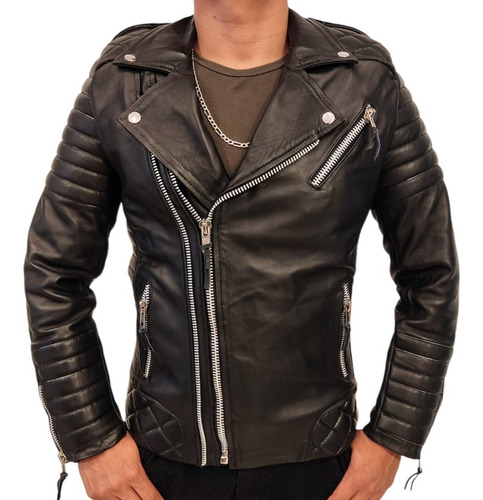 Chamarra Biker Premium Piel Para Hombre Negra Cuero Rockera