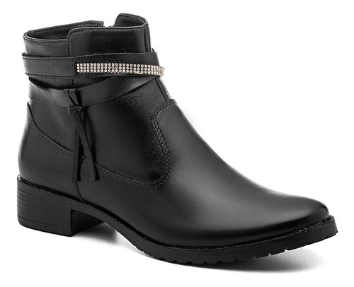 Bota Feminina Couro Cano Curto Strass Zíper Conforto Casual