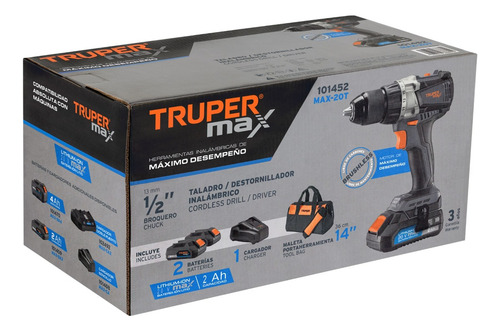 Taladro Inalámbrico 1/2', 20v, Sin Carbones, Truper Max