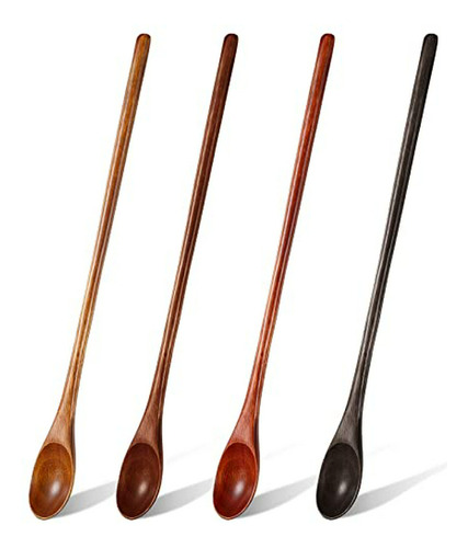 4 Cucharas De Madera Con Mango Largo De 13.0 In Para Cocinar