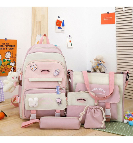 Mochila Bolso Kawaii Set 5 Piezas Importado Rosa Malva Liso