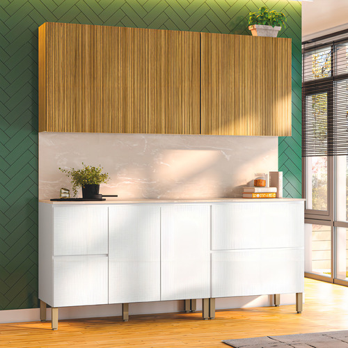 Armário De Cozinha Completa Com Balcão Art Kit’s Paraná 8 Portas 3 Gavetas Madeirado e Branco