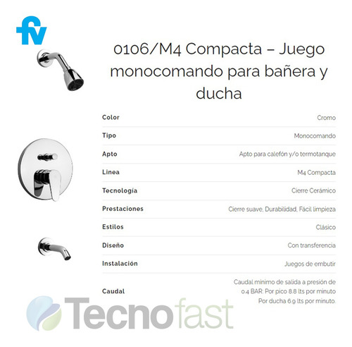 Imagen 3 de 7 de Griferia Ducha Con Transferencia Fv Compacta 0106/m4 Cromo