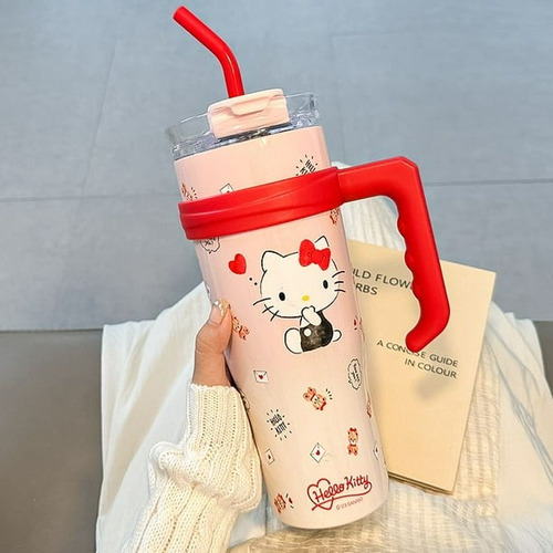 Vaso Térmico Kuromi Kawaii Grande 1200 Ml Rojo Kitty