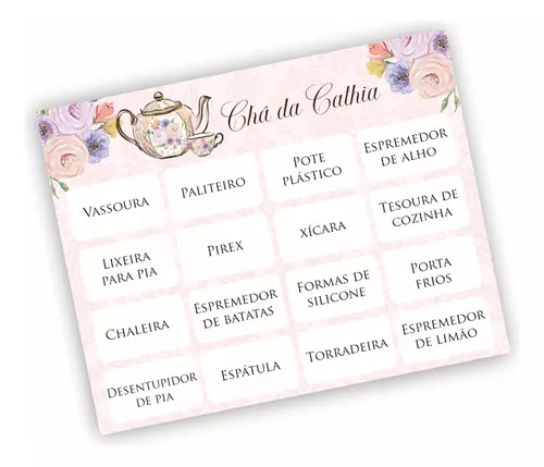 104 Cartelas Bingo Chá Cozinha Casal Personalizado