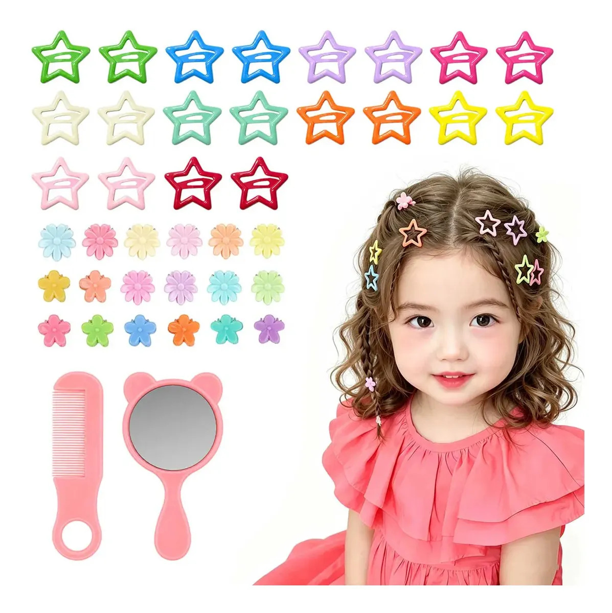 Set de 40 Accesorios Cabello Niñas Colores : Horquillas Estrella y Pinzas Flor Prendedor Horquillas Estrella. Con Peine Y Espejo. Ideal Para Peinados,Look Dulce Y Divino