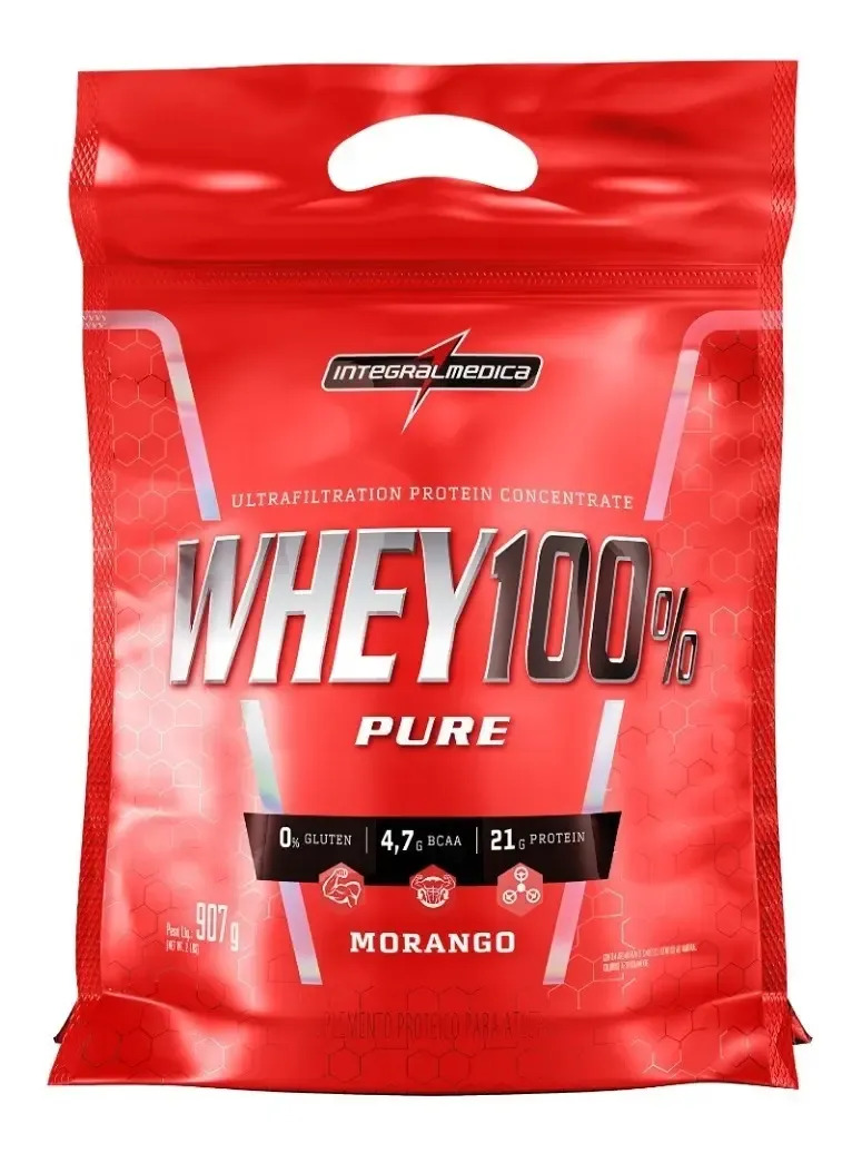 Suplemento Em Pó Integralmédica Whey 100% Pure Proteína 900g Sabor Morango