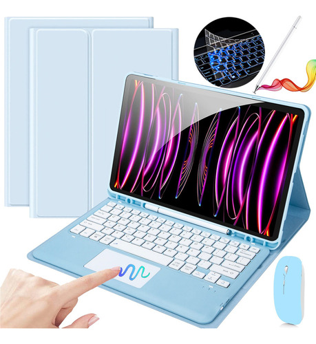 Funda C/teclado Mouse+lápiz P/iPad Pro 12.9 2018-2021 Azul