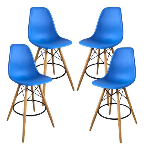 Set 4 Sillas Eames Comedor Altas Banco Cocina Minimalista Estructura de la silla Madera Asiento Azul acero Diseño de la tela Liso