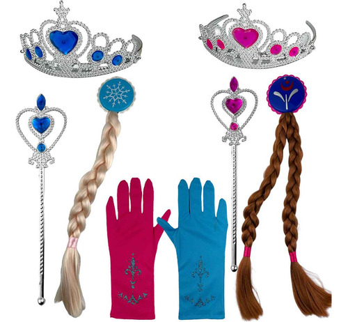 Kit Princesa Frozen 4 Acessórios Trança Luva Coroa Varinha Cor Azul