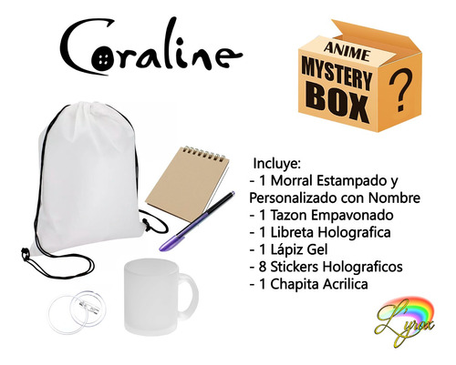 Coraline Mystery Box Tazon Libreta Stickers Chapita Dia Niño