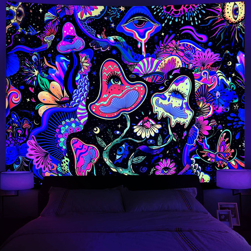 Tapiz Floral Hippi En Hongos Con Luz Negra Rosa 228 X 173 Cm