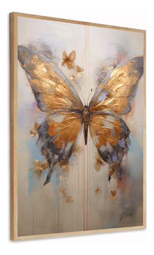 Quadro Decorativo Borboleta Asa Dourada Sala C Moldura 60x80