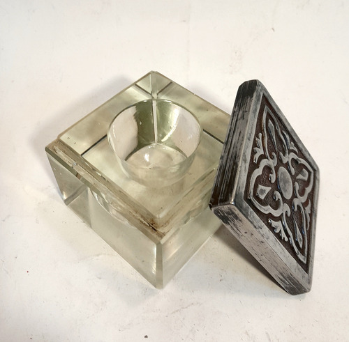 Tintero Antiguo De Cristal Y Peltre Con Pluma De Inmersión (Usado)