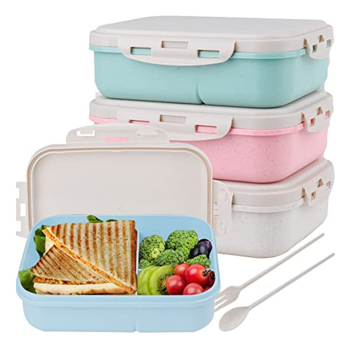 Bento Box 4 Pack Con 3 Compartimentos, Utensilios, Adultos,