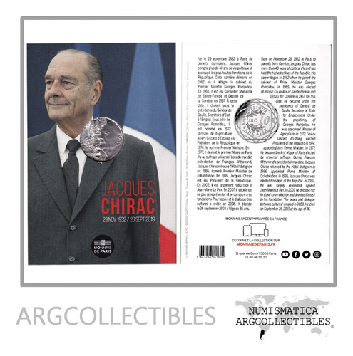 Francia Moneda 10 Euros 2019 Plata 500 Jacques Chirac Unc