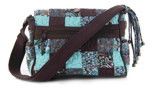 Bolsa Feminina Transversal Samantha Patchwork Giuliana Fiori Cor Azul/Marrom