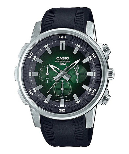 Reloj Casio Mtp-e505-3a Acero Caucho Cronógrafo Fondo Verde